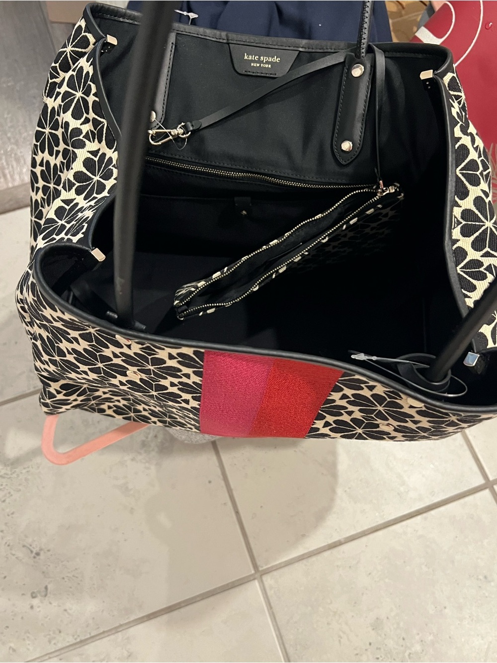 kate spade (Rare) Black & Cream spade floral Tote with Red Center Stripe - Picture 10 of 16